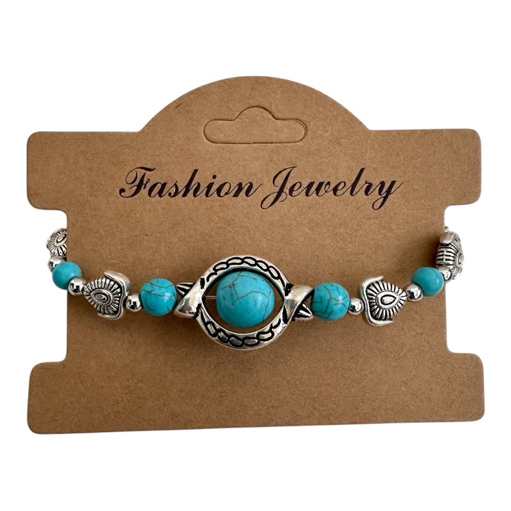 New Boho Faux Turquoise & Silver Tone Bracelet Vintage Inspired Adjustable